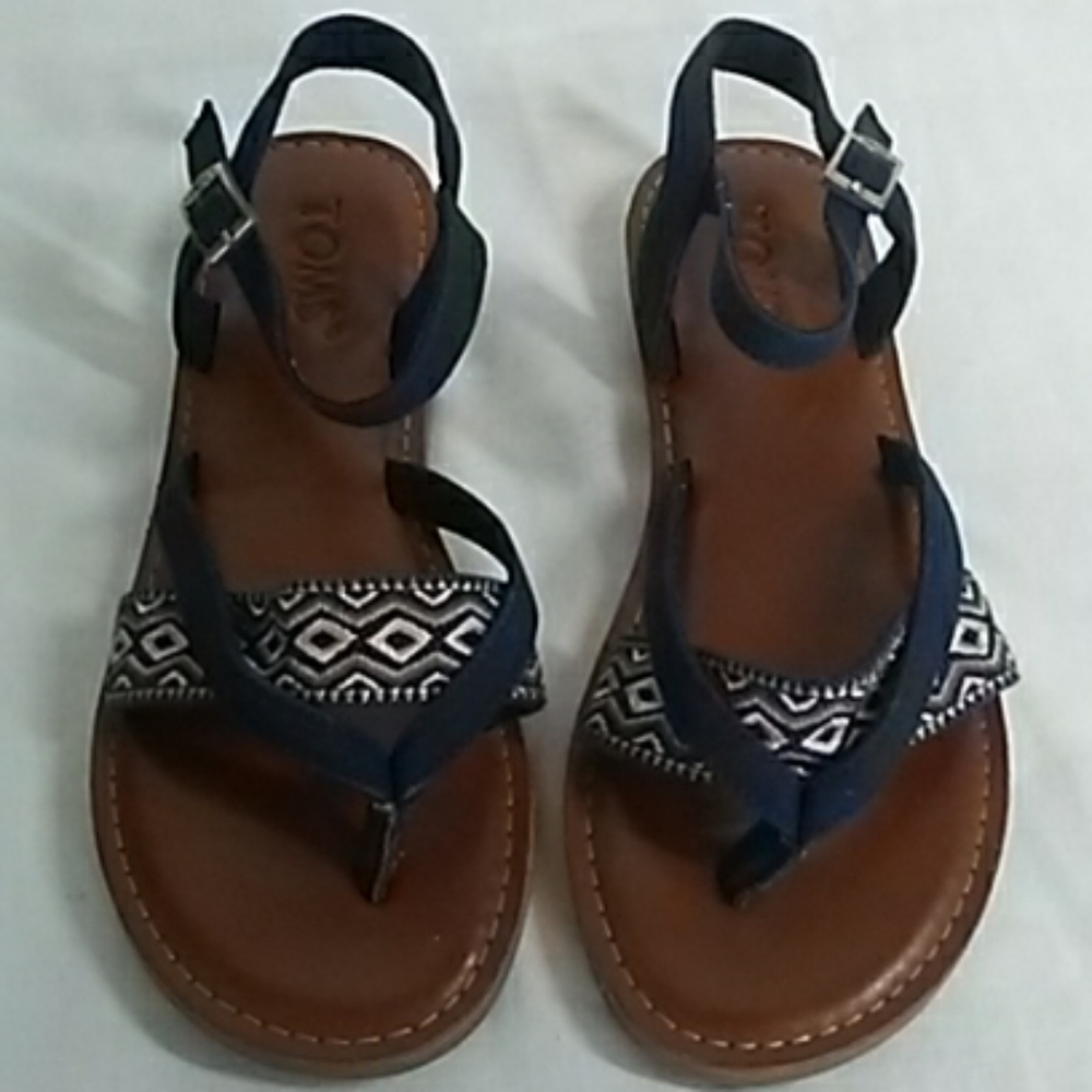 Tom's Lexie Brown Blue Flat Strappy Sandal Size 6